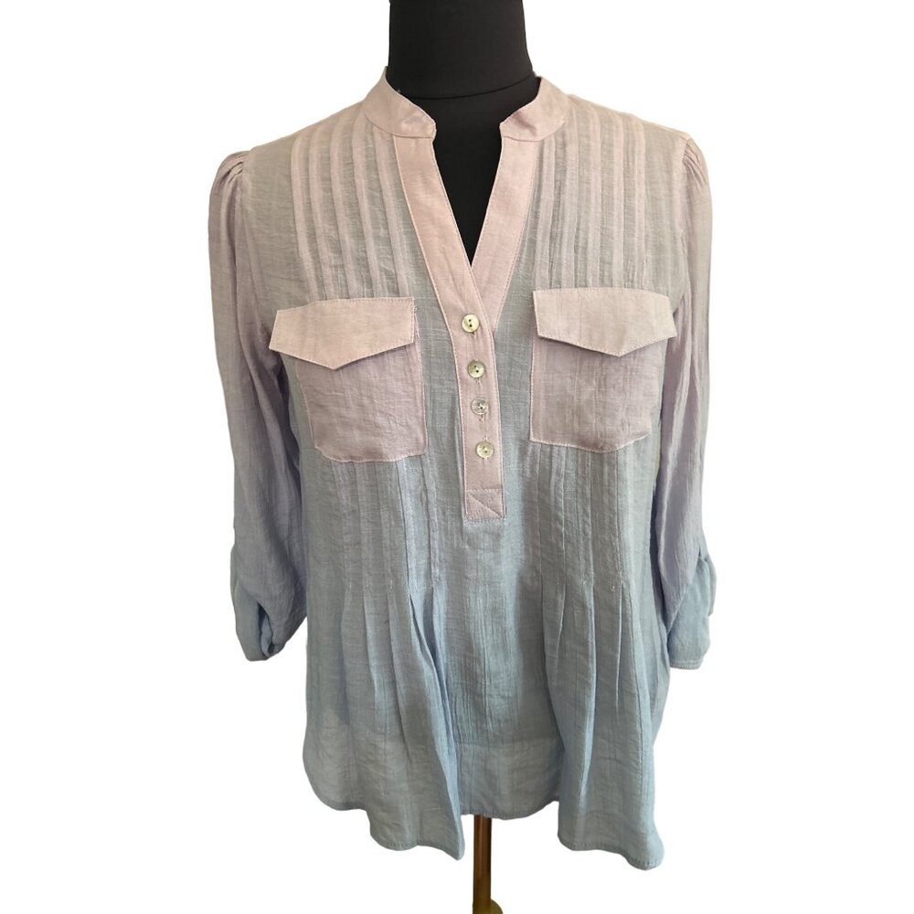 Zac & Rachel Petite PM V-Neck 1/2 Button-Front Tunic Blouse Lavender & Blue